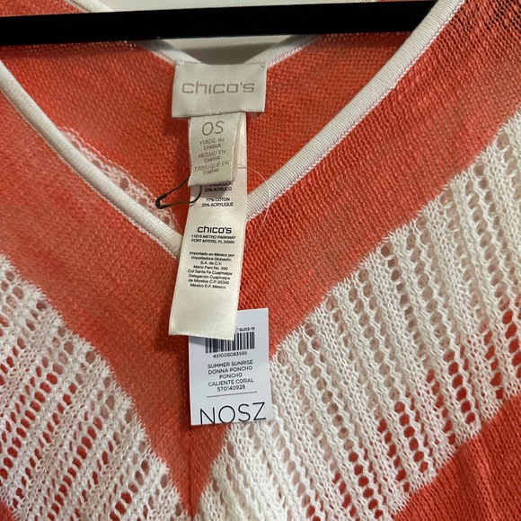 Chico's Sweater Womens OS One Size Coral White Striped Poncho Shawl Knit Top NWT - Picture 3 of 5